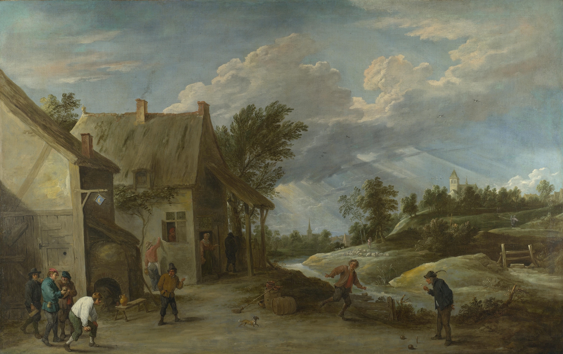 Peasants playing Bowls outside a Village Inn, by David Teniers the Younger, public domain
