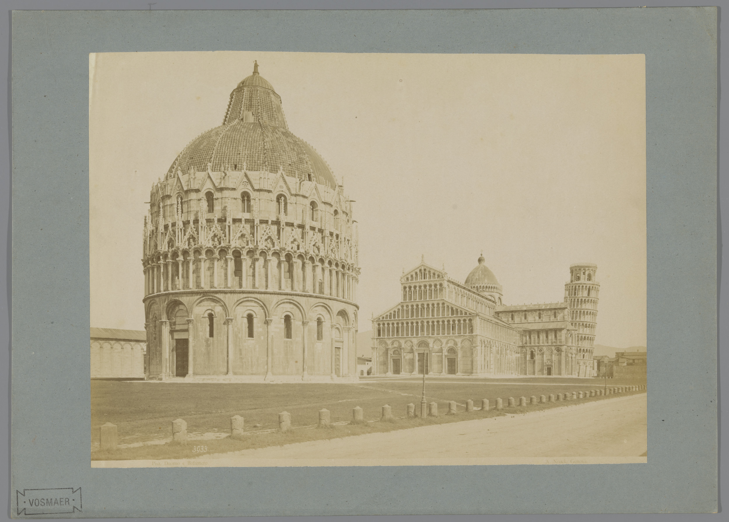 Piazza del Duomo with cathedral, tower, and baptistery in Pisa, albumen print by Alfredo Noack