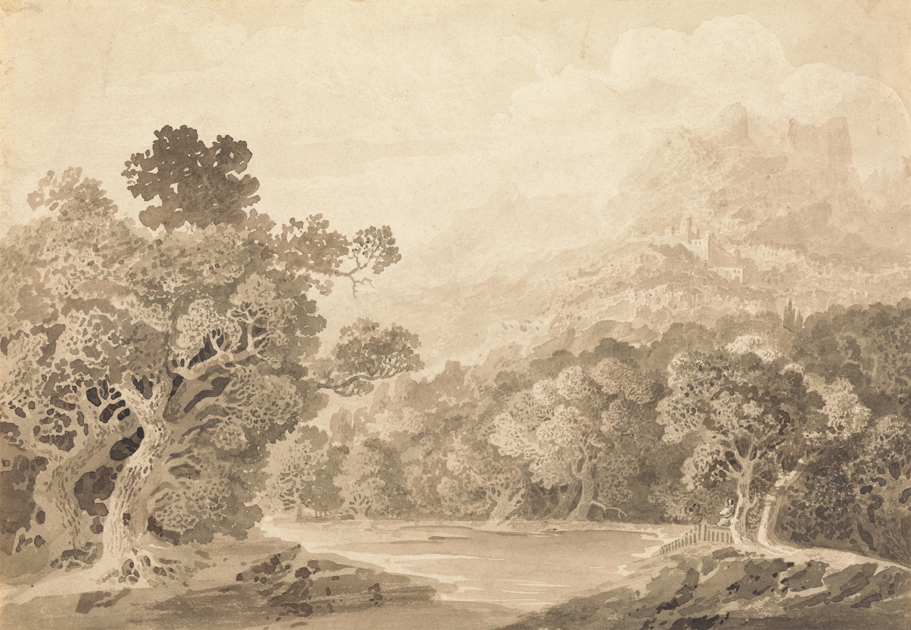 Forested River Bank, Hill Town and Mountain Peaks in Distance, by John Martin, public domain
