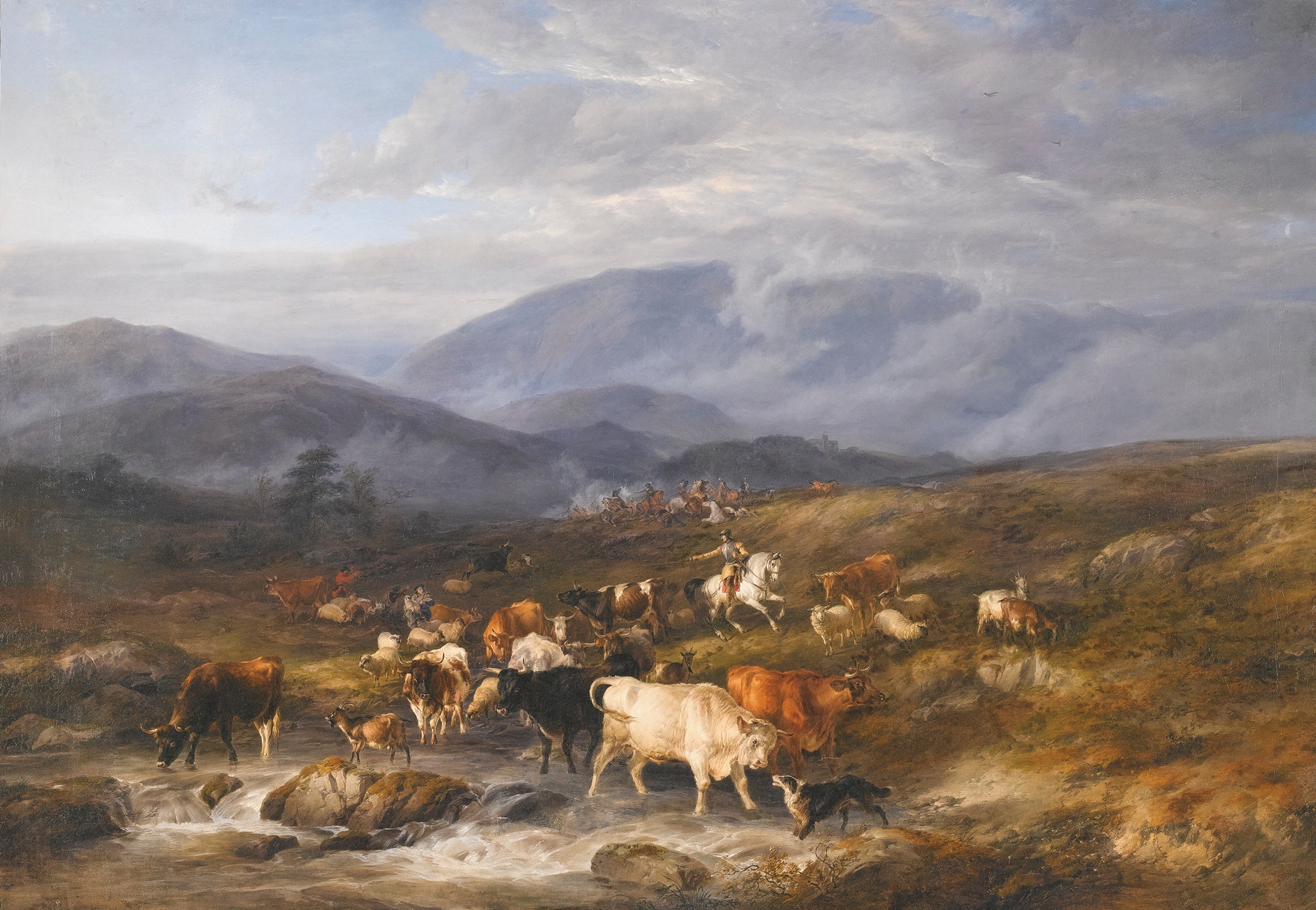 An Intercepted Raid, oil on canvas by Thomas Sidney Cooper, depicting a bird taking flight in a landscape.