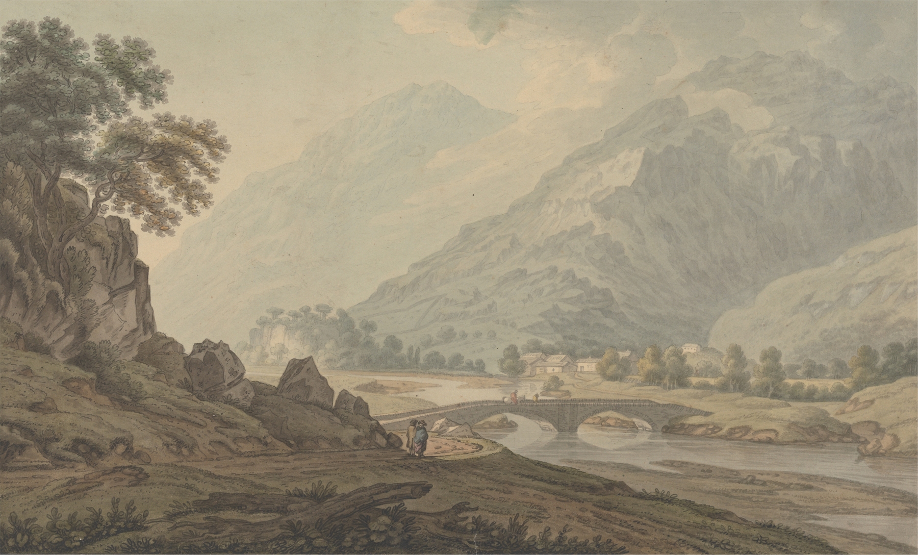 Landscape oil painting by Joseph Farington depicting a serene stream and nature.
