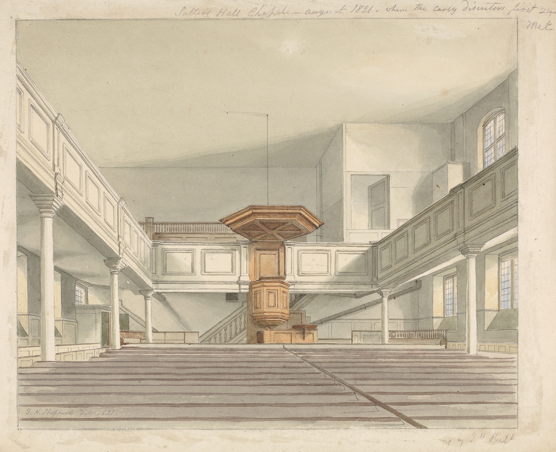 Interior scene with diverse group in Salters Hall by Thomas Hosmer Shepherd, 1821