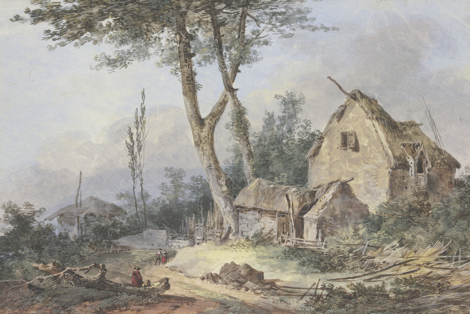 Landschaft mit zerfallenem Gehöft, oil on canvas by Louis Gabriel Moreau, featuring ruins and overgrown vegetation.