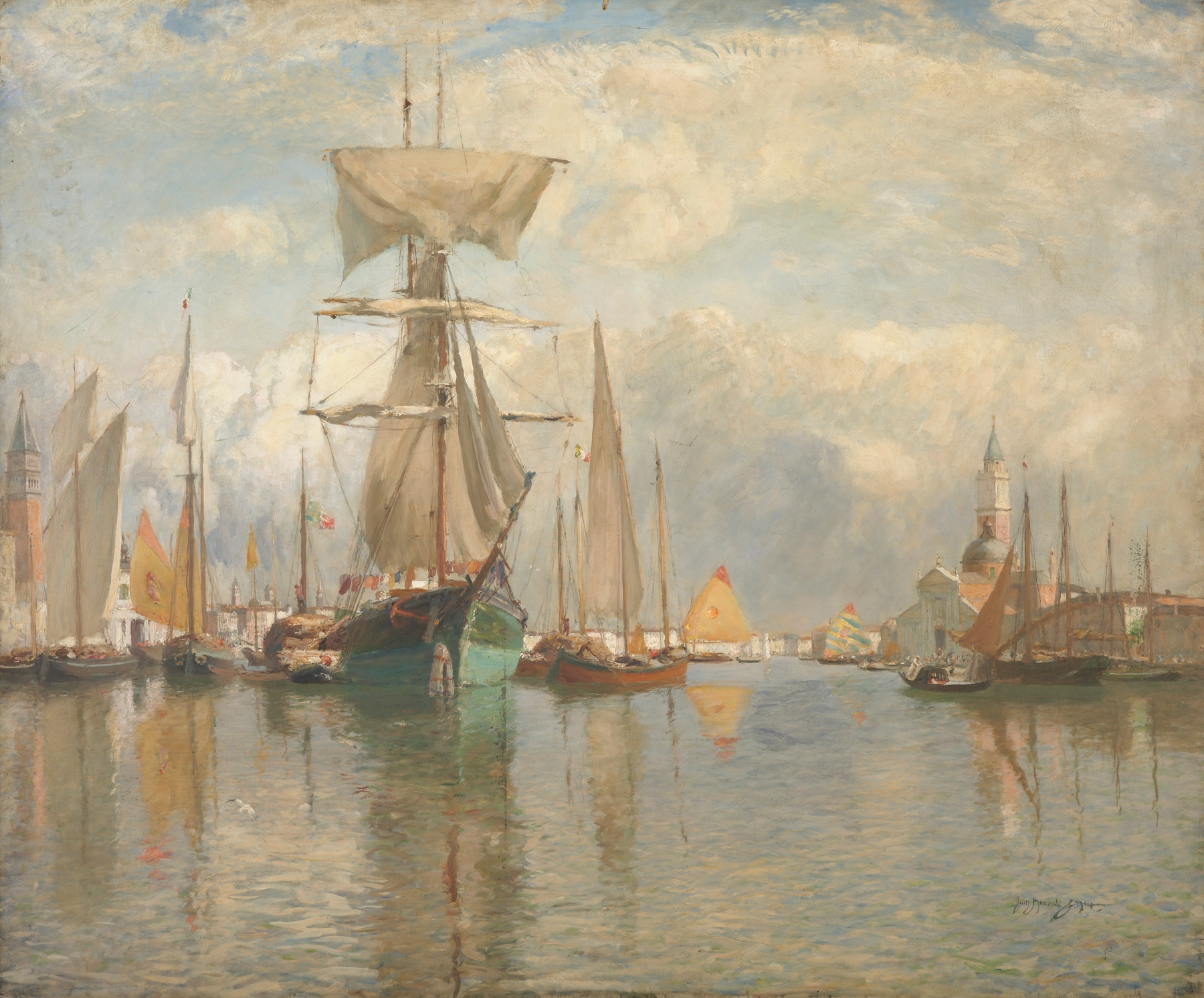 Oil painting by Sir David Murray depicting boats on the water in Venice