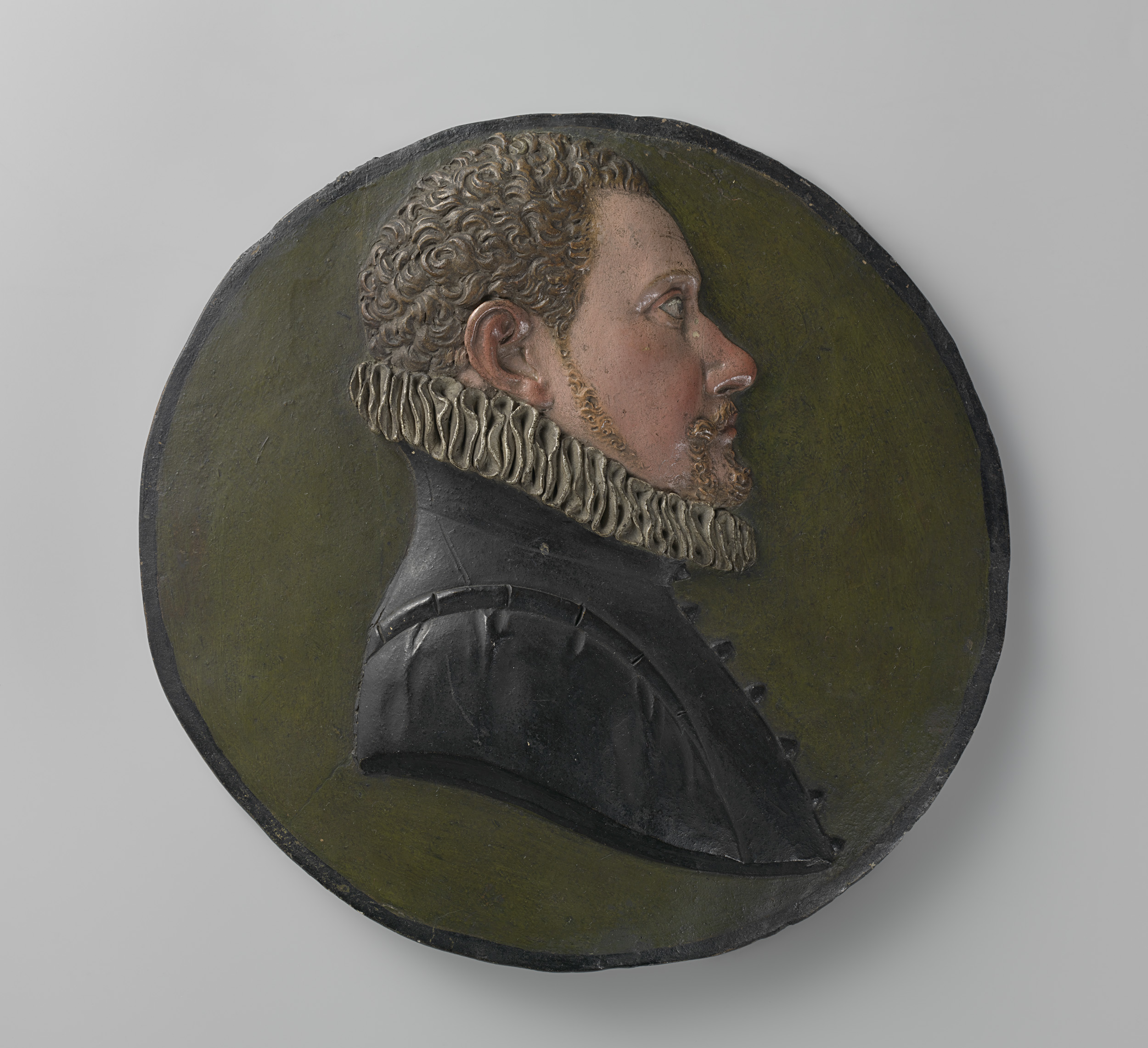 Portrait medallion of an unknown man, clay sculpture by Johan Gregor van der Schardt