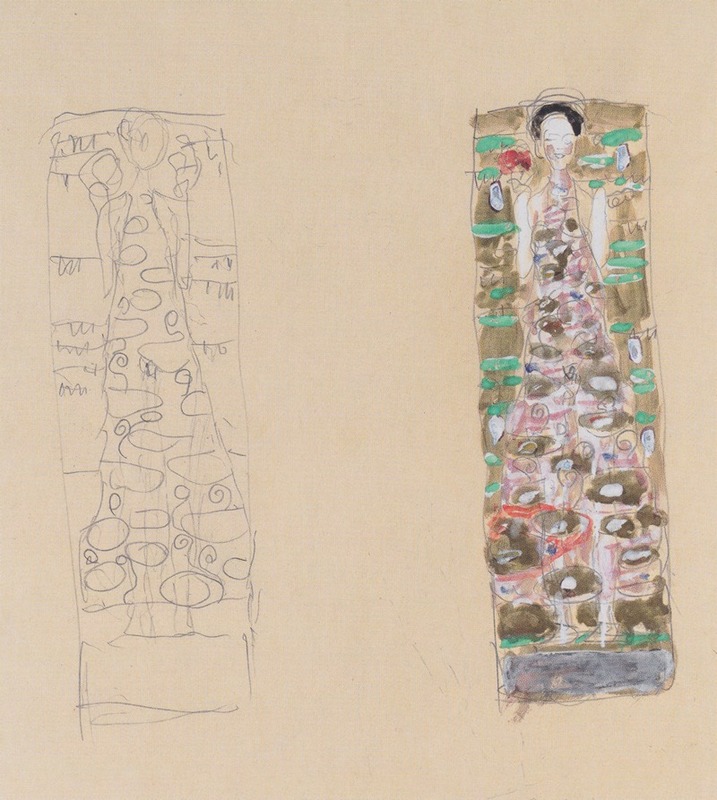 Gustav Klimt's 'Zwei Entwürfe zum Schmuckblatt für Otto Wagner' showcases intricate designs typical of the Art Nouveau movement.