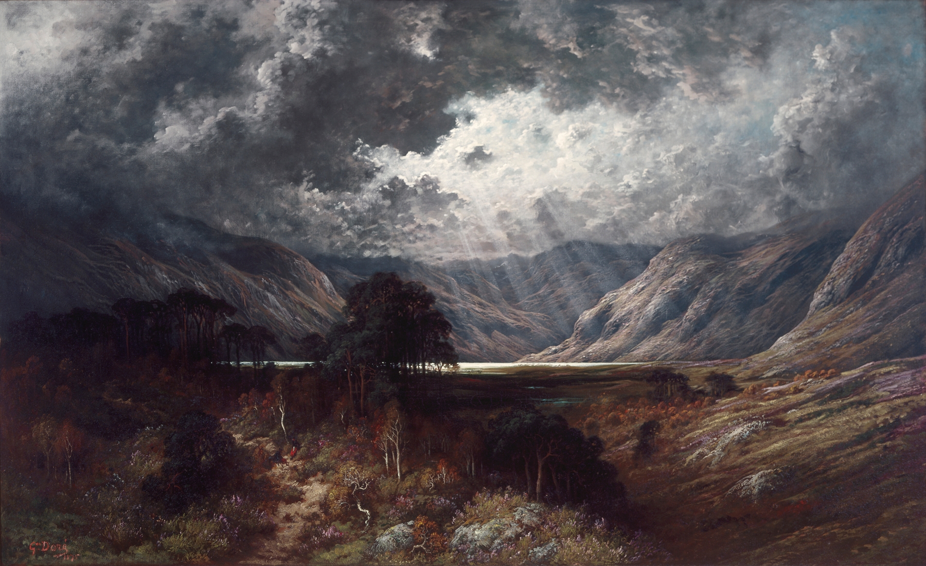 Engraving of Loch Lomond by Gustave Doré, featuring hills and water.
