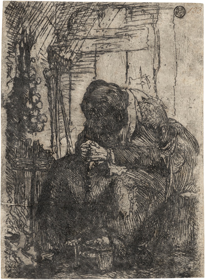 Rembrandt's painting features an old woman in a rustic cottage, showcasing his skill in capturing human emotion.