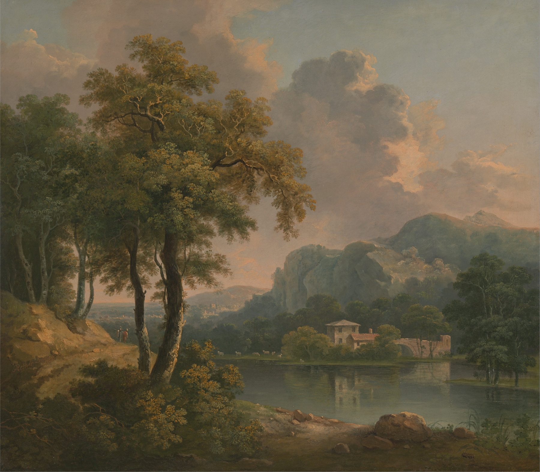 Wooded hilly landscape by Abraham Pether, oil painting showing gentle hills and forest.