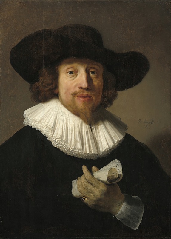 A portrait of a man holding a sheet of music, showcasing Rembrandt's skill in capturing human emotion.