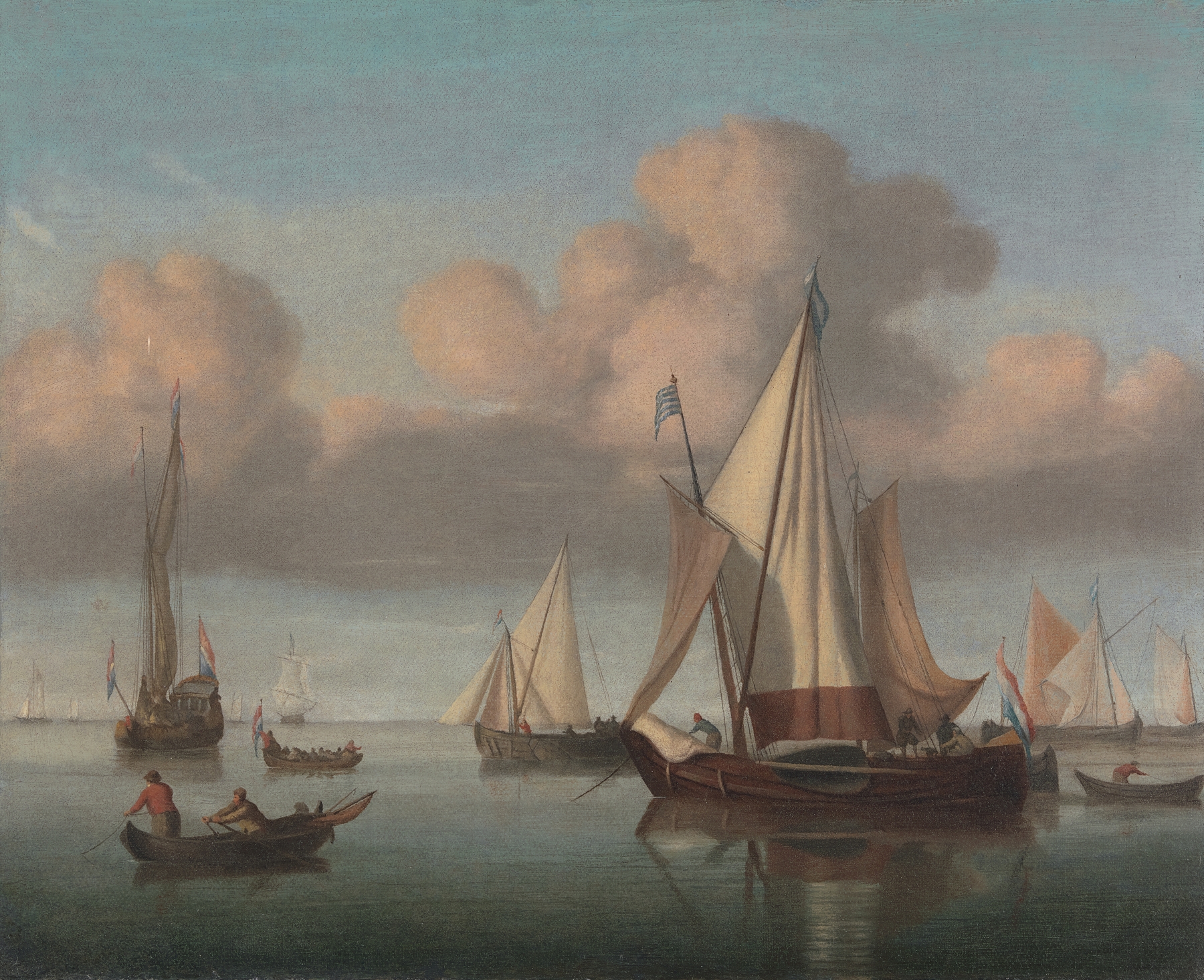 A Kaag at Anchor with Sails Hoisted and a State Yacht and Other Vessels, by Willem van de Velde the Younger, public domain