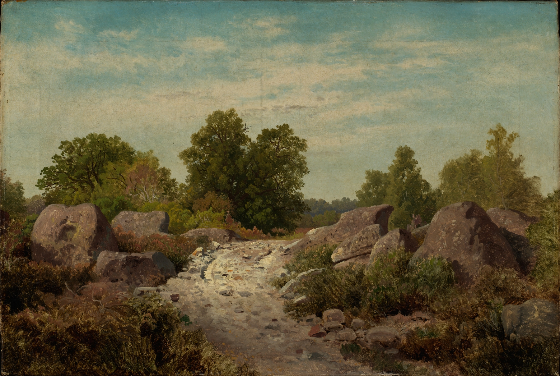 Weg bei Fontainebleau by Georg Eduard Otto Saal, oil on canvas depicting a forest path with dappled light.