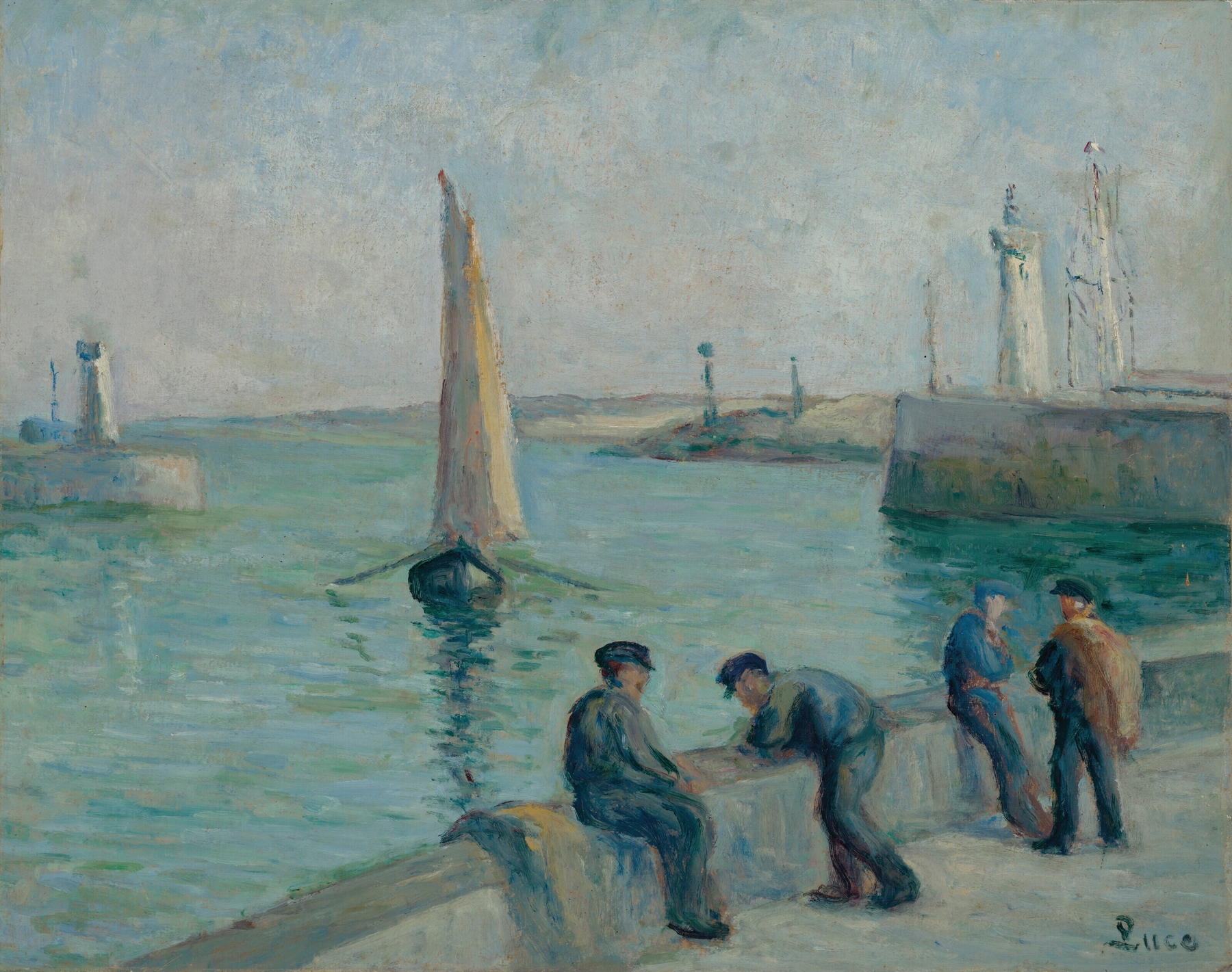 Honfleur, Pêcheurs sur le Port by Maximilien Luce, oil on canvas depicting fishermen at sunset