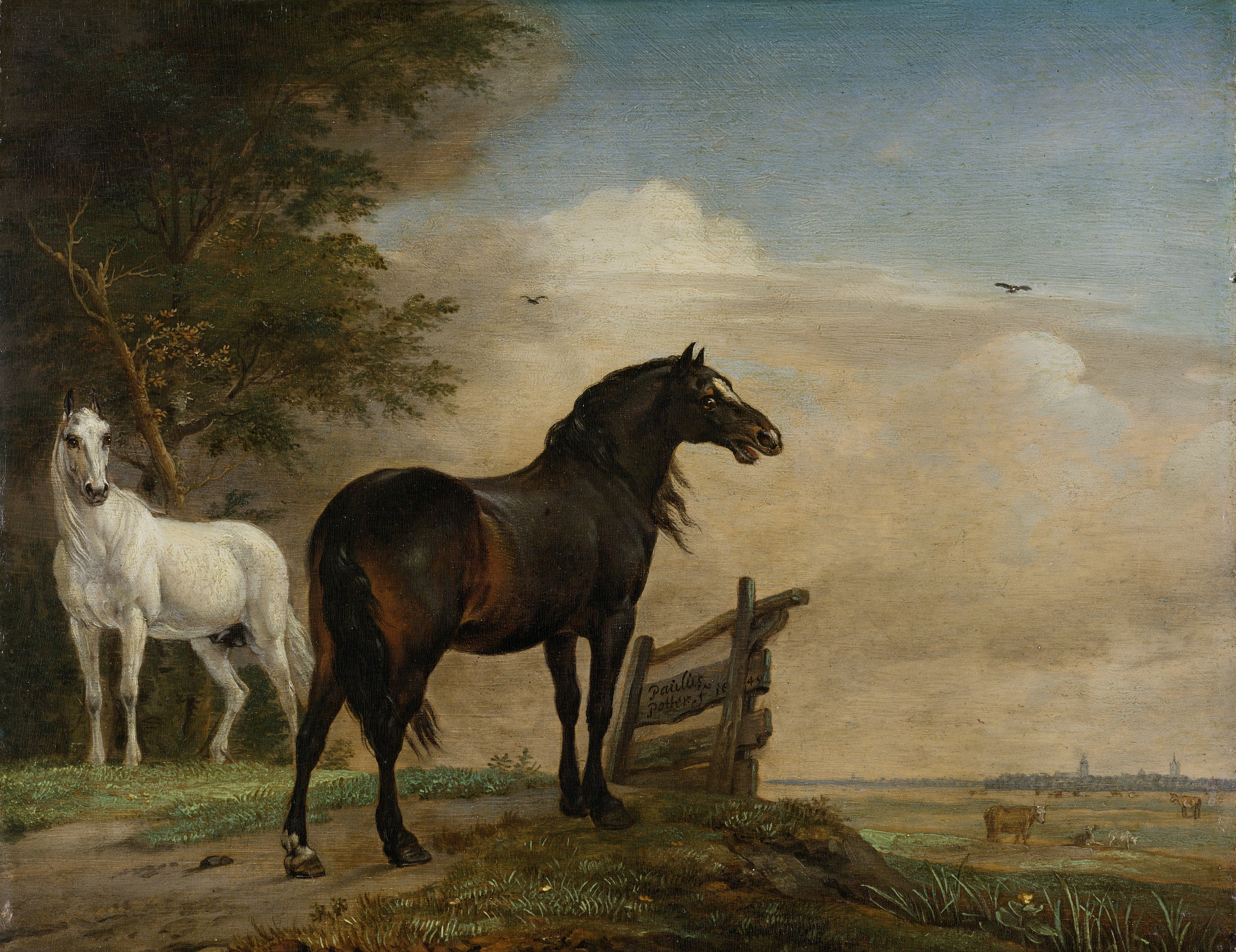 Two Horses in a Meadow near a Gate, by Paulus Potter, public domain