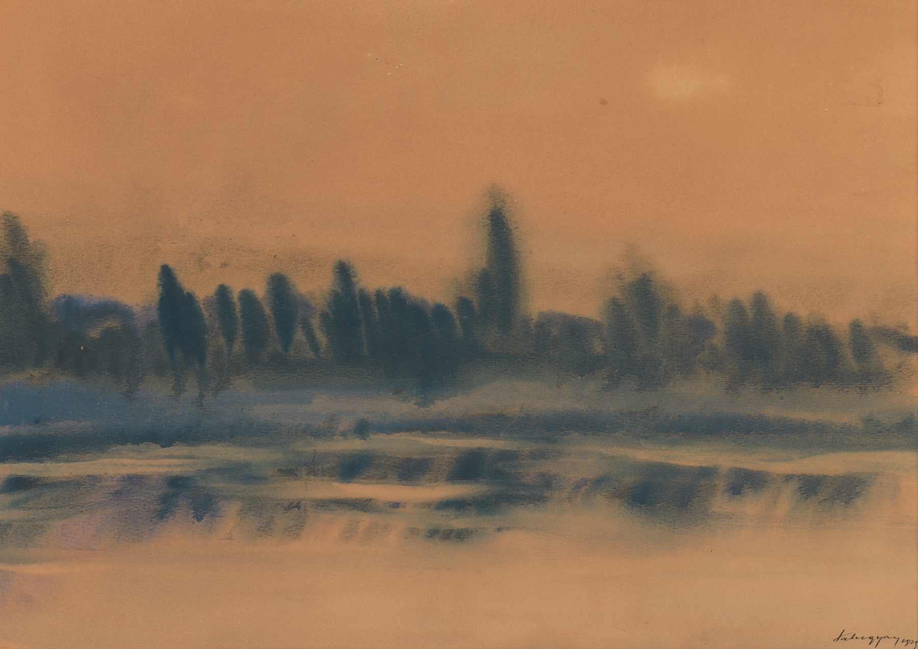 Post-Impressionism landscape by Zolo Palugyay, depicting a vibrant sunset.