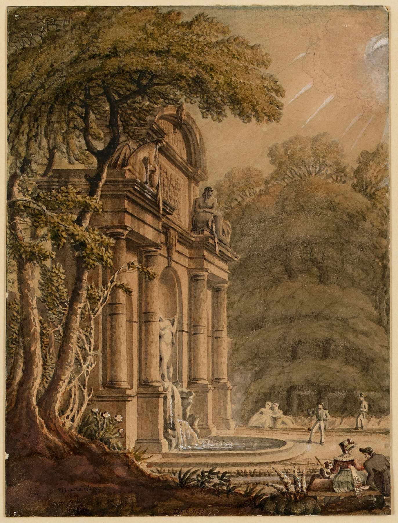 La grotte du jardin du Luxembourg by Jean Baptiste Maréchal, oil on canvas depicting a garden fountain