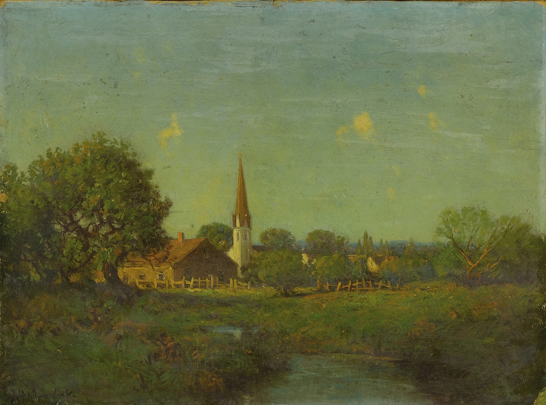 Realism oil painting by Julian Onderdonk depicting a church silhouette against a tranquil sky.