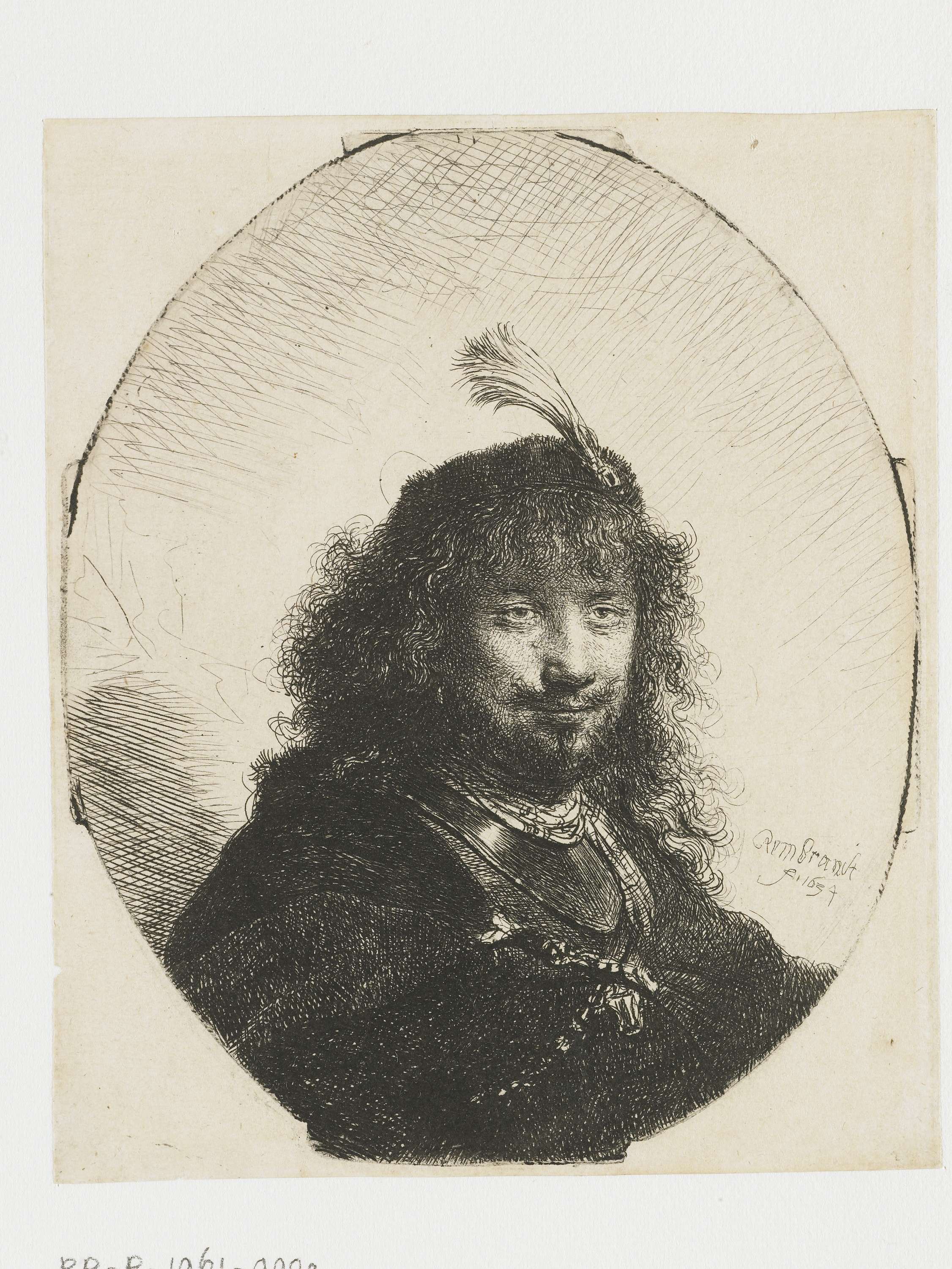 Self-portrait with plumed cap, etching by Rembrandt van Rijn