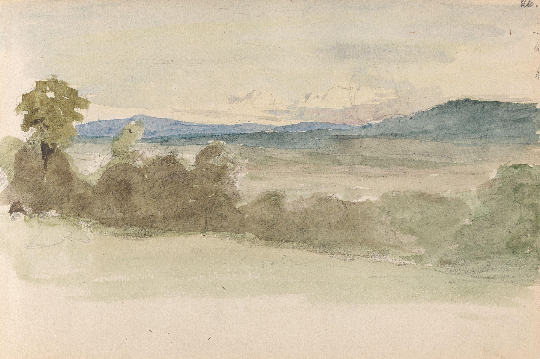 Landskap by Adolph Tidemand, oil on canvas depicting lush greenery and gentle hills.