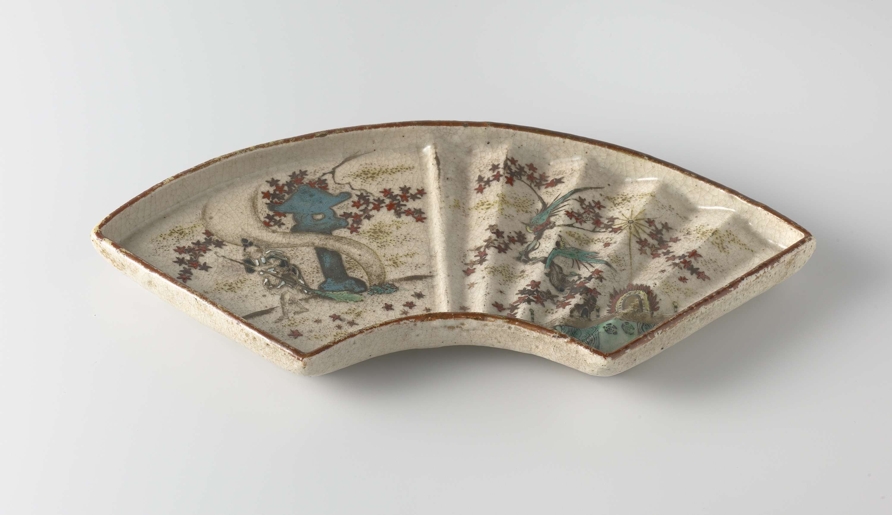 Fan-shaped porcelain dish with flowers and birds by unknown artist