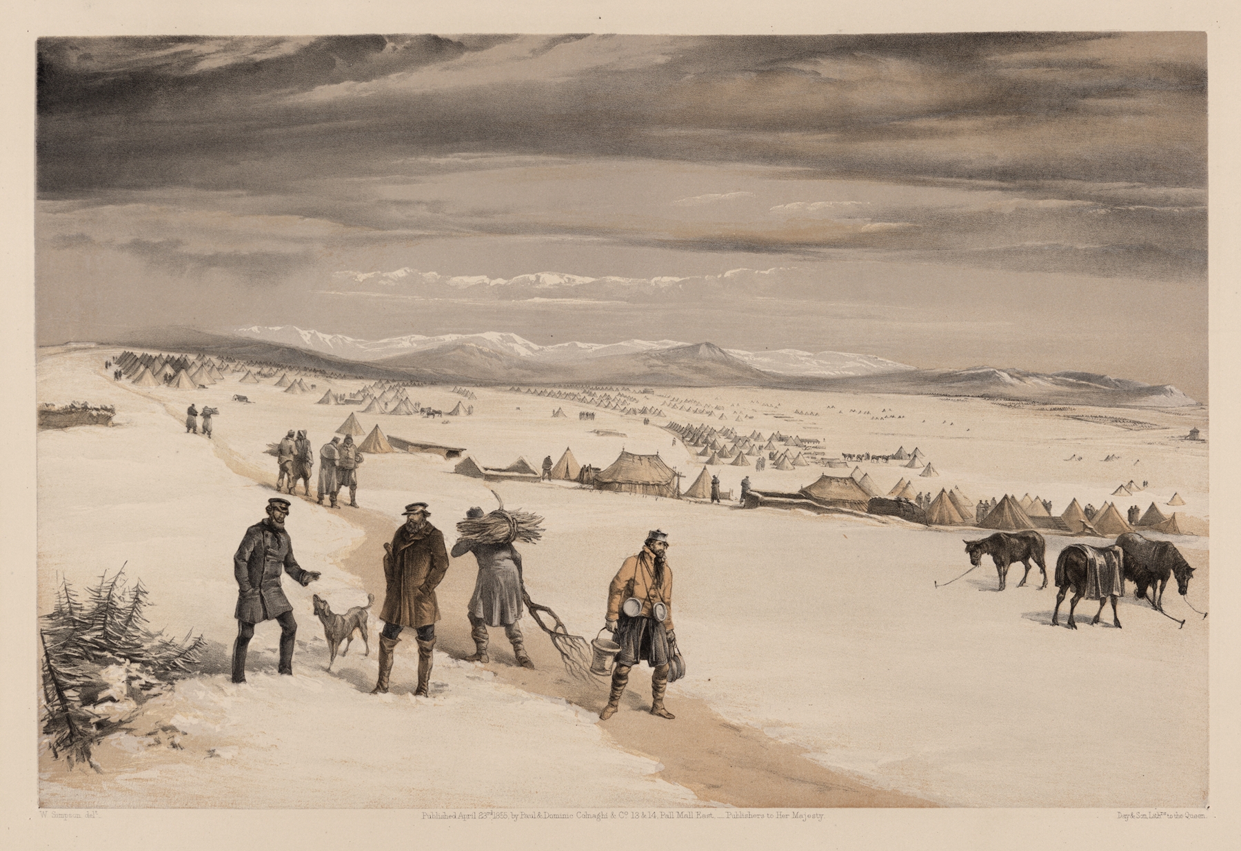 Watercolour by William Simpson depicting a winter encampment with tents and a muted sky.
