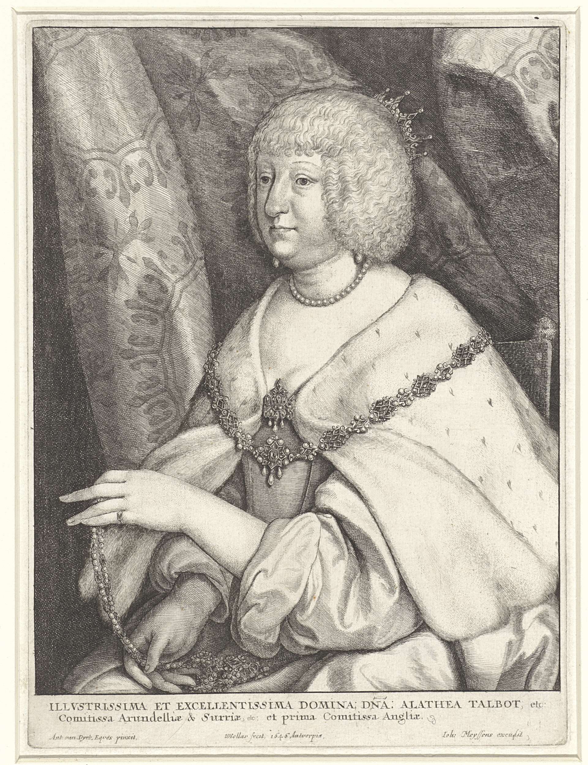 Portret van Aletheia Talbot, etching by Wenceslaus Hollar, depicting a noblewoman in lace attire