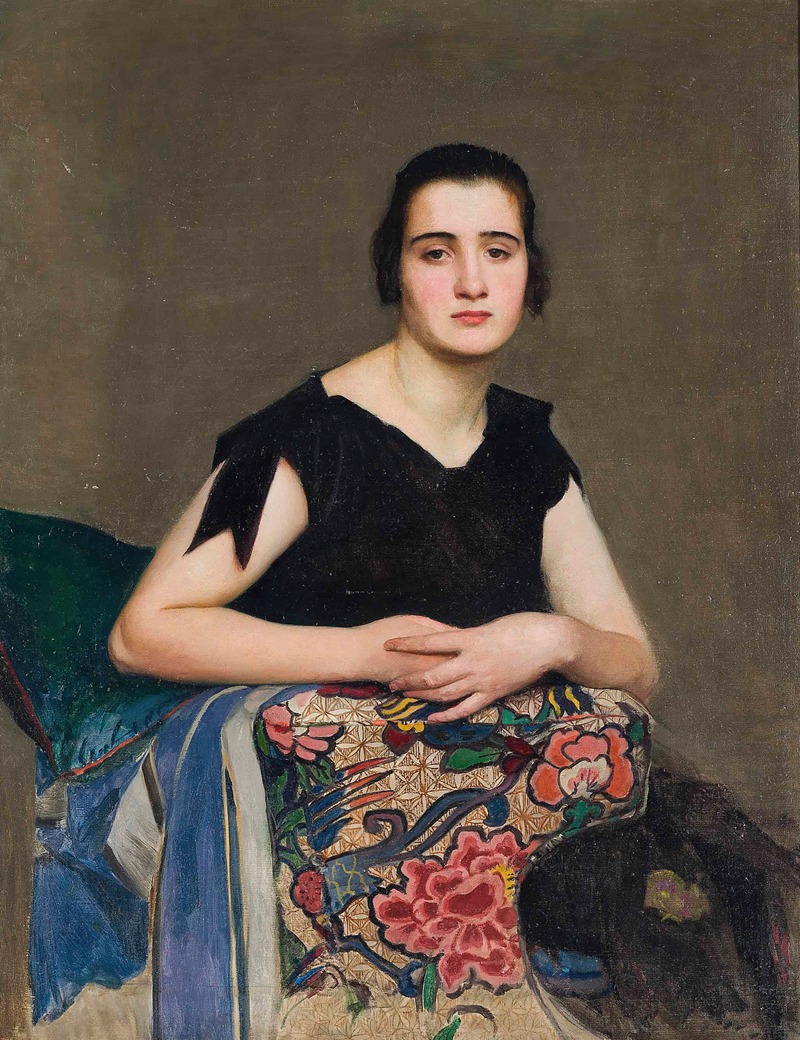 A portrait of a woman in a black dress by George Spencer Watson.