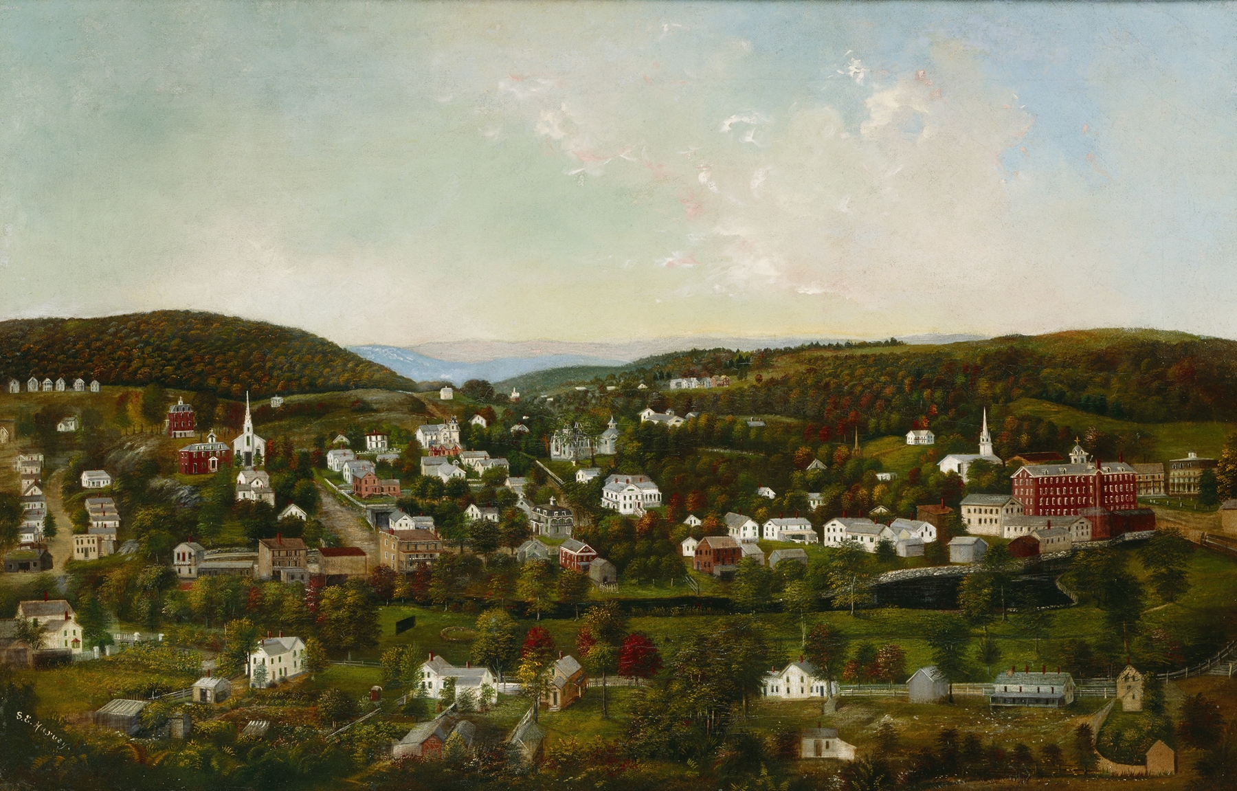 Winsted, Connecticut by Sarah E. Harvey, oil on canvas, depicting a twilight landscape with soft hues.