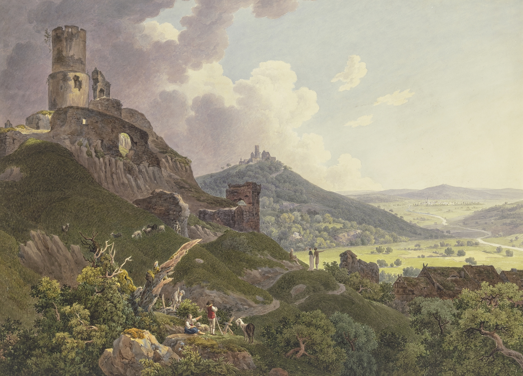 Landscape oil painting by Friedrich Christian Reinermann depicting ruins, hills, and excursionists.
