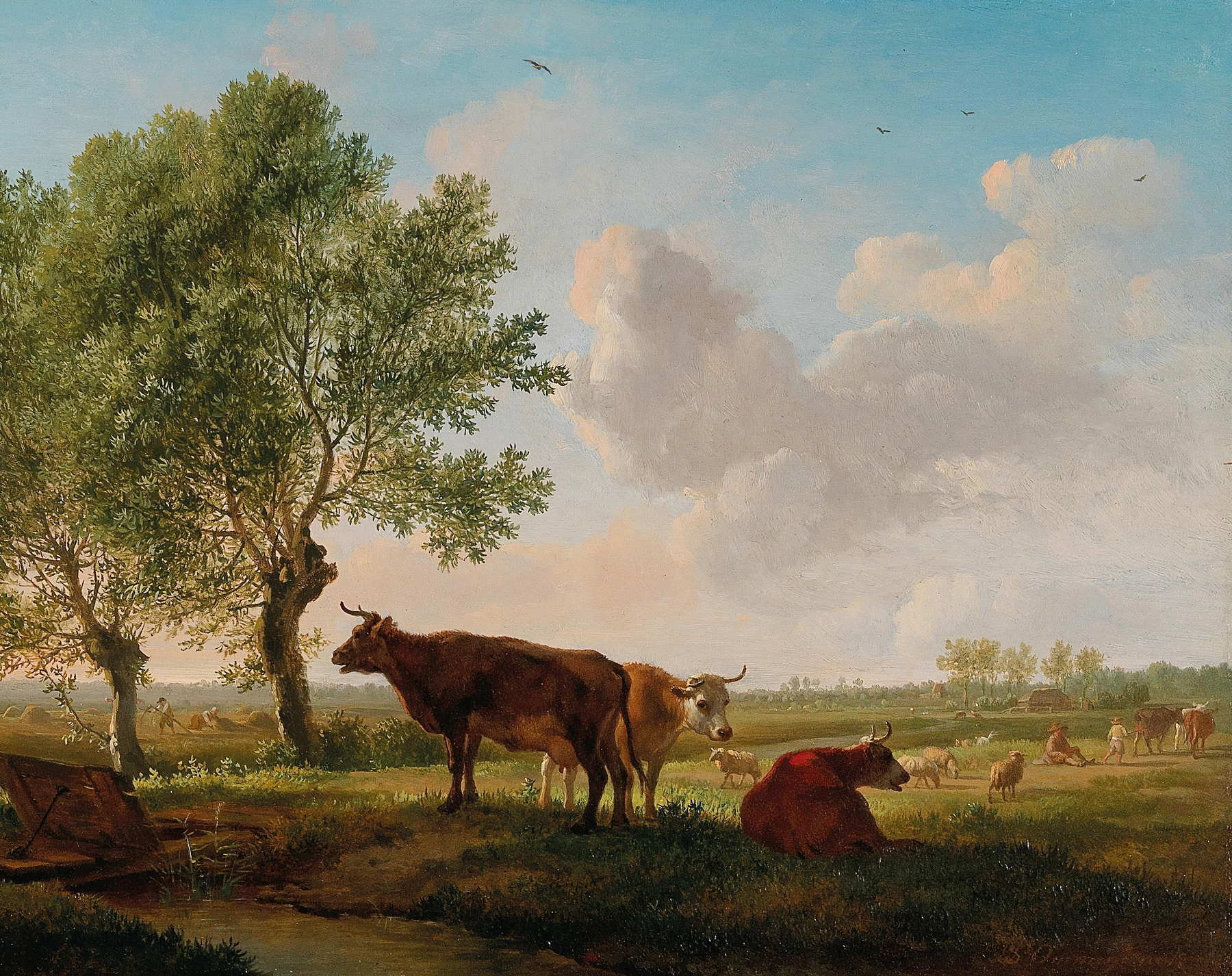 Cattle in the Meadow by Balthasar Paul Ommeganck, oil painting depicting grazing cattle in a lush landscape.