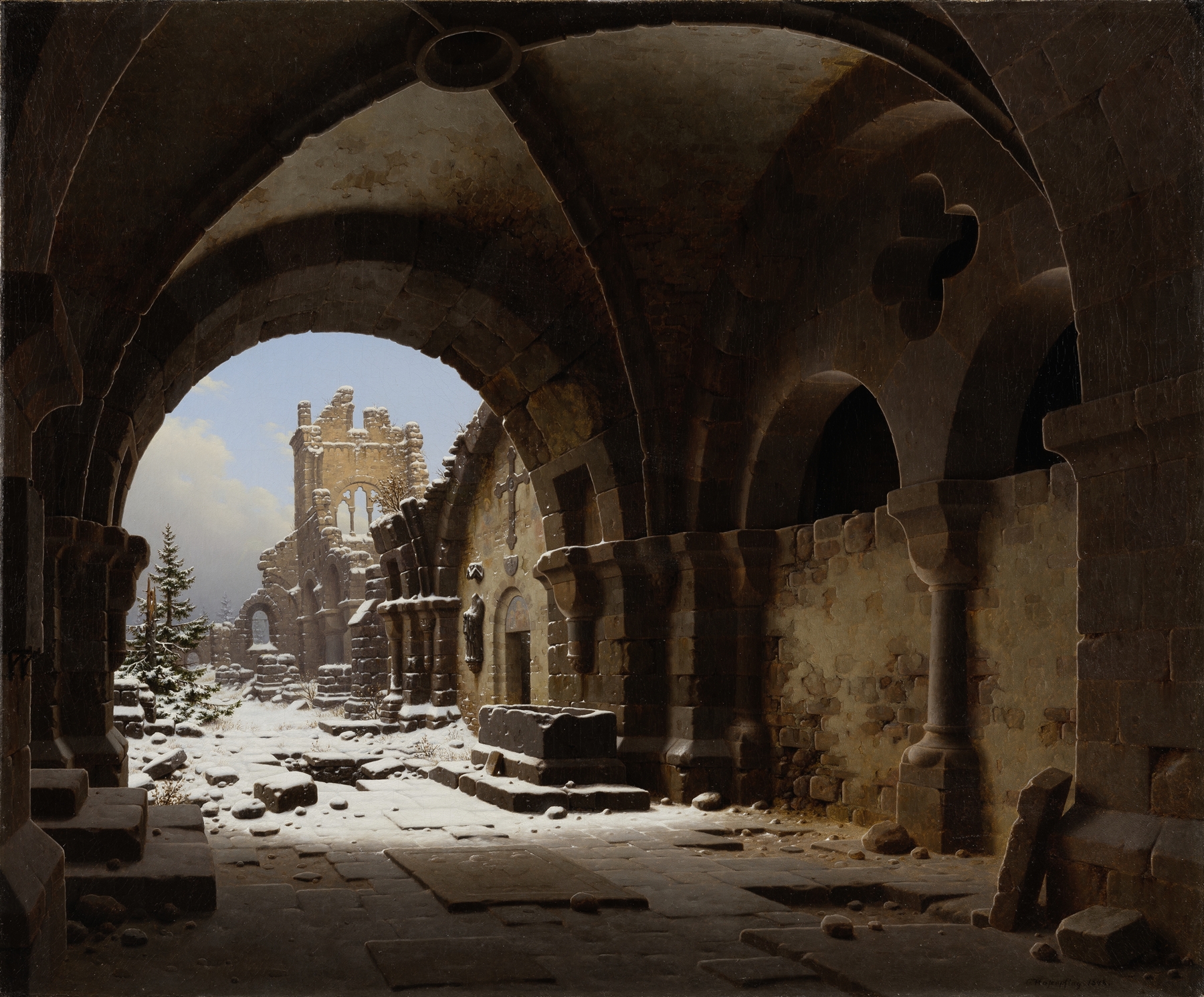Church Ruin in Winter, oil painting by Carl Georg Adolph Hasenpflug, depicting snow-covered ruins and bare branches.