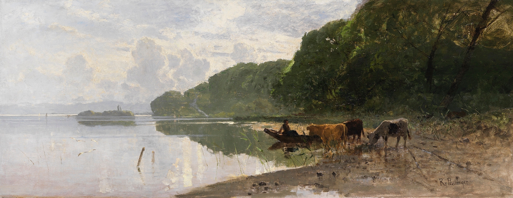 Realism landscape by Richard Von Poschinger featuring a lake and grazing cows