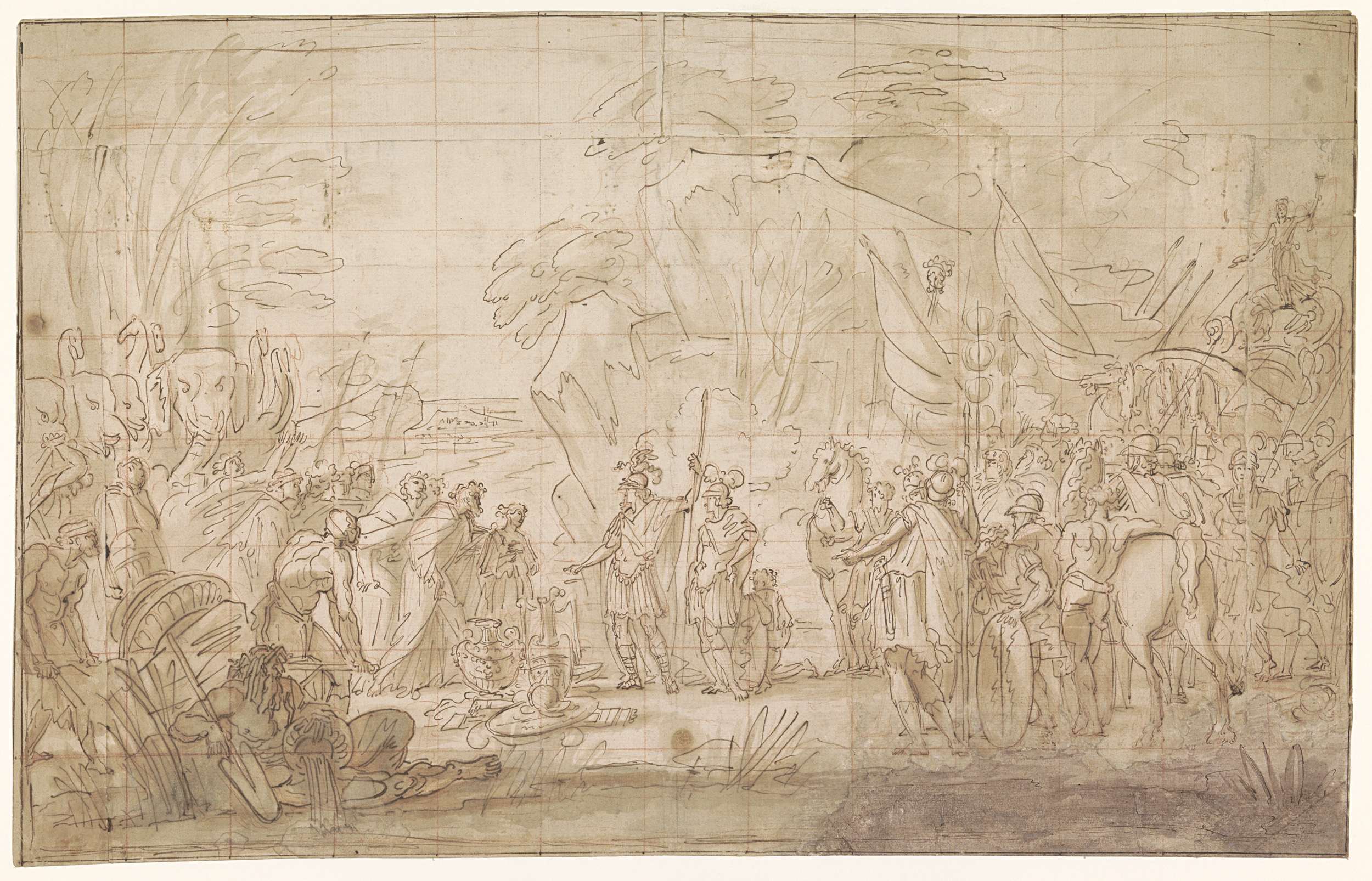 Historical scene with figures in dialogue, oil painting by Charles Le Brun