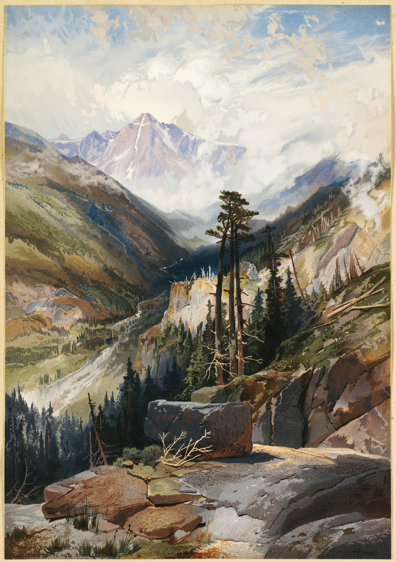 The Mountain of the Holy Cross, oil painting by Thomas Moran depicting a rugged mountain landscape.