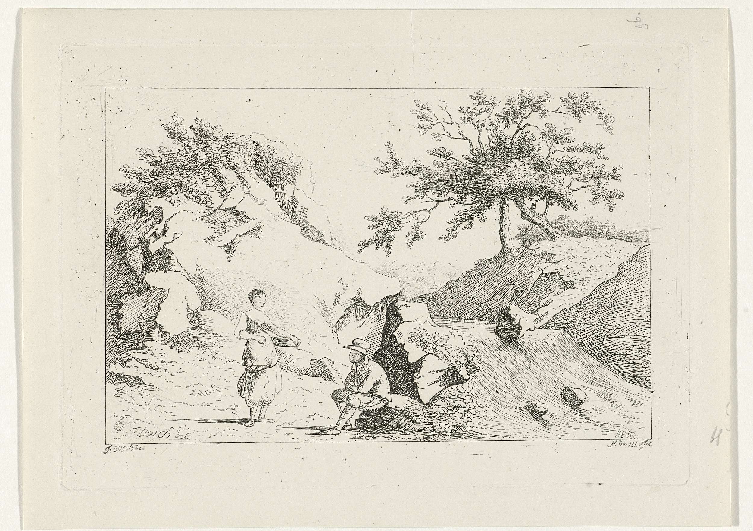 Couple by a serene waterfall, etching by Reinierus Albertus Ludovicus baron van Isendoorn à Blois
