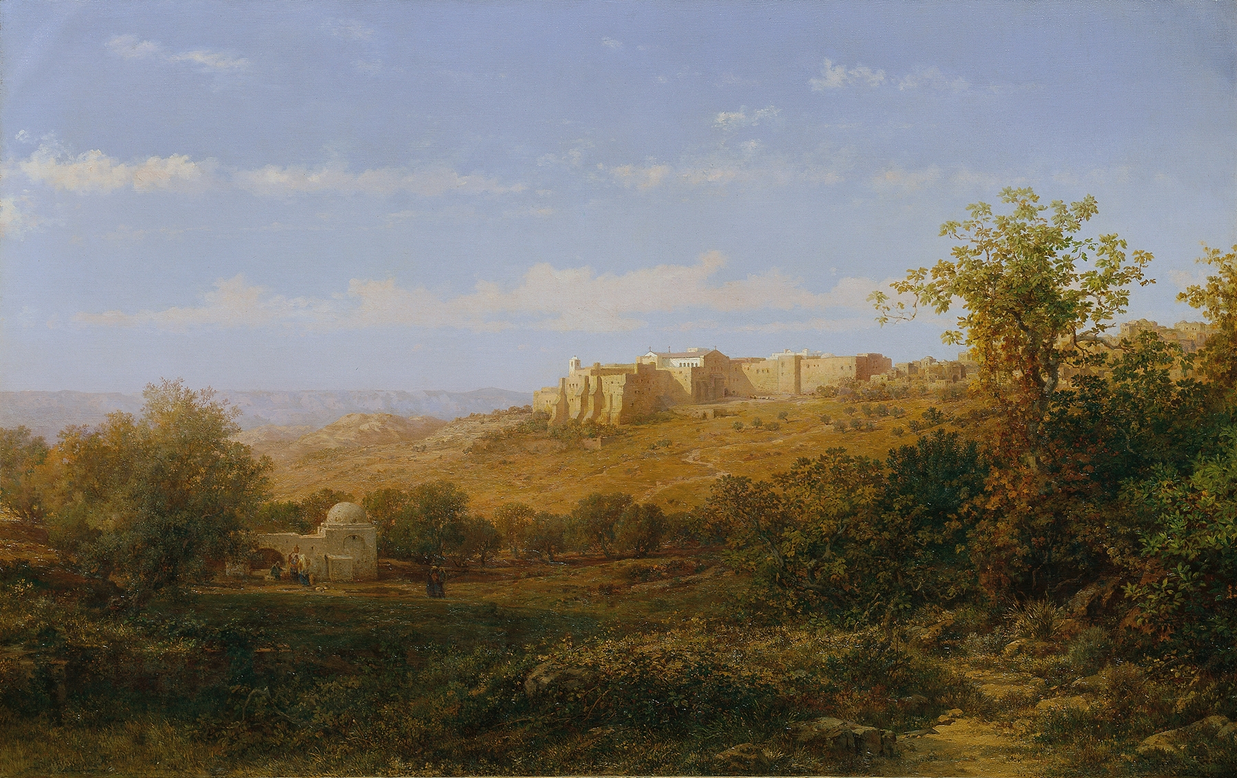 Kloster in Bethlehem by Bernhard Fiedler, oil painting depicting a monastery in warm golden light.