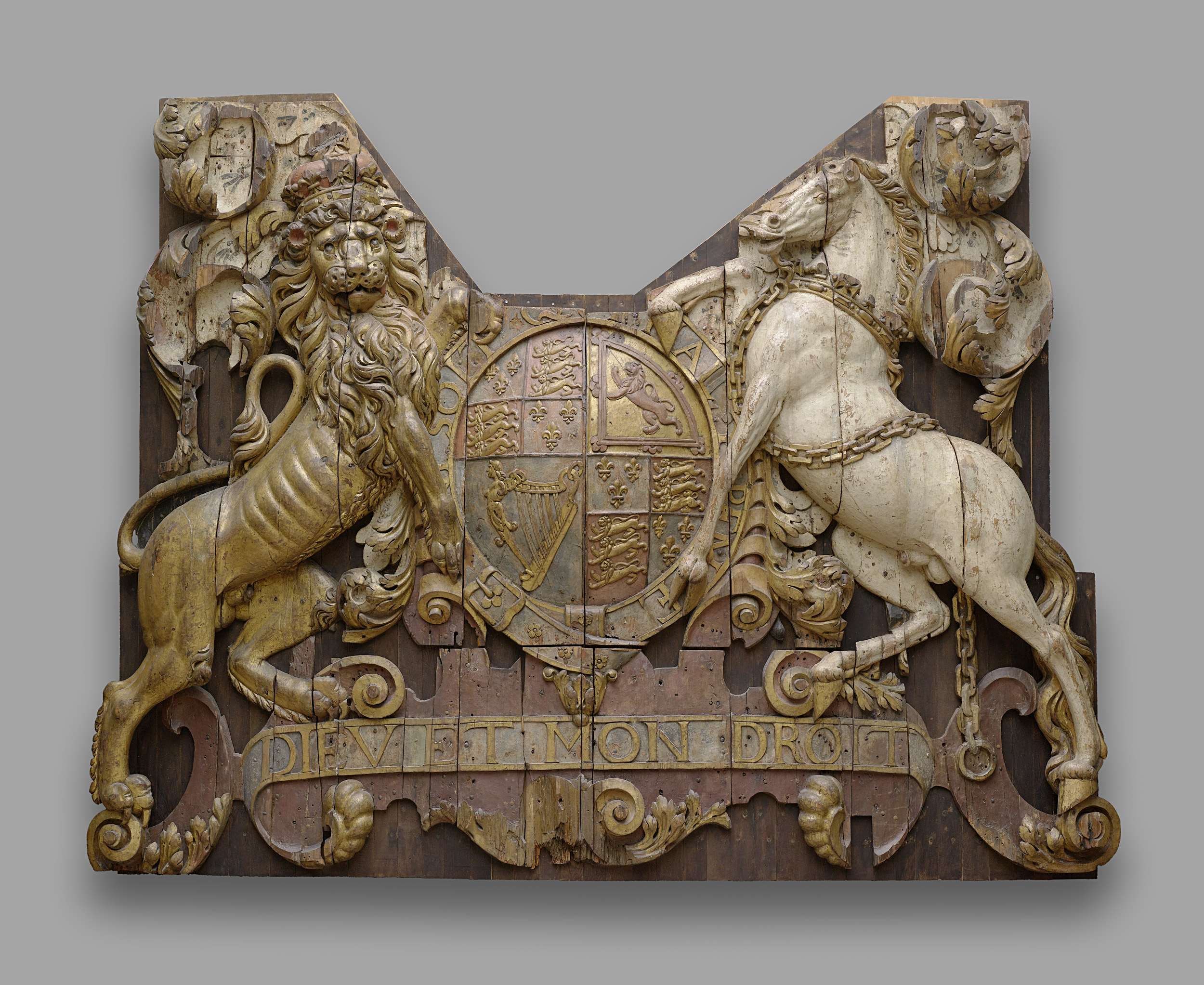 Stern carving of royal arms in wood by unknown artist