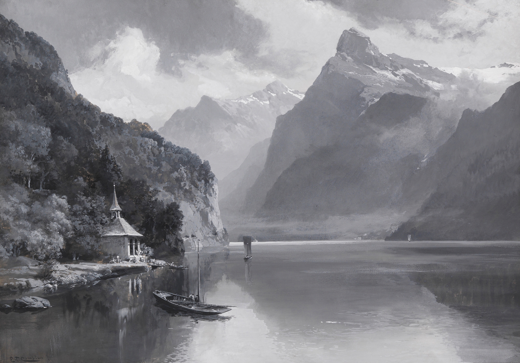 Oil painting of a lake and mountains by Edward Theodore Compton