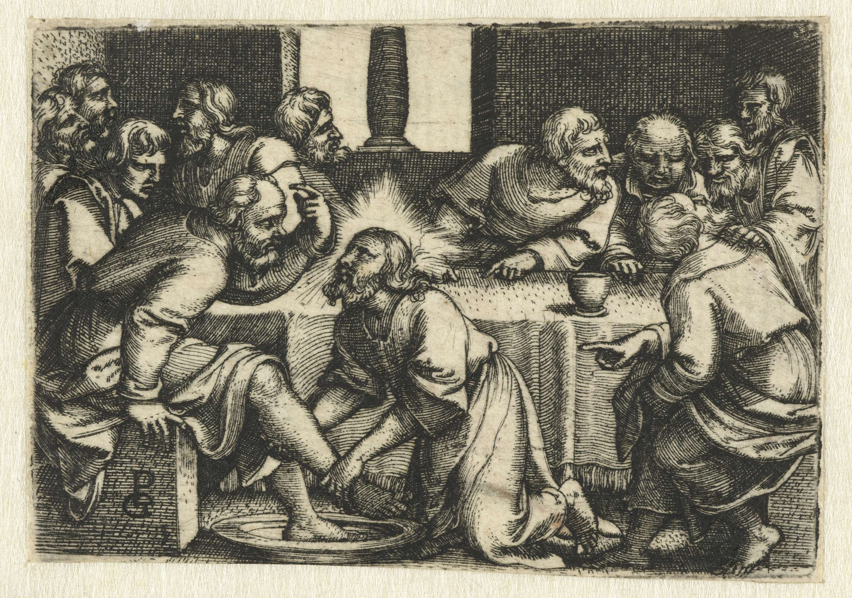 Petrus protesteert als Christus zijn voeten wast, by Georg Pencz, public domain