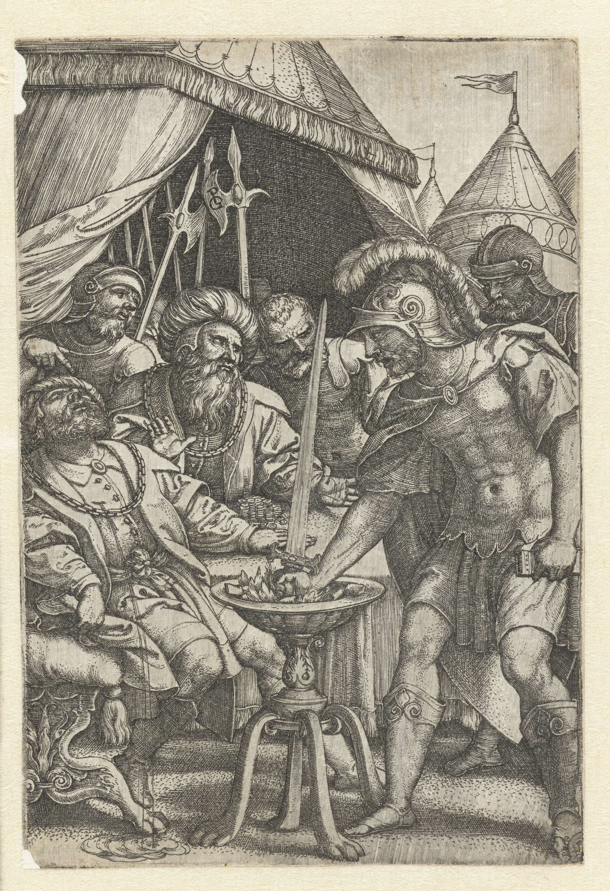 Mucius Scaevola steekt rechterhand in het vuur, by Georg Pencz, public domain