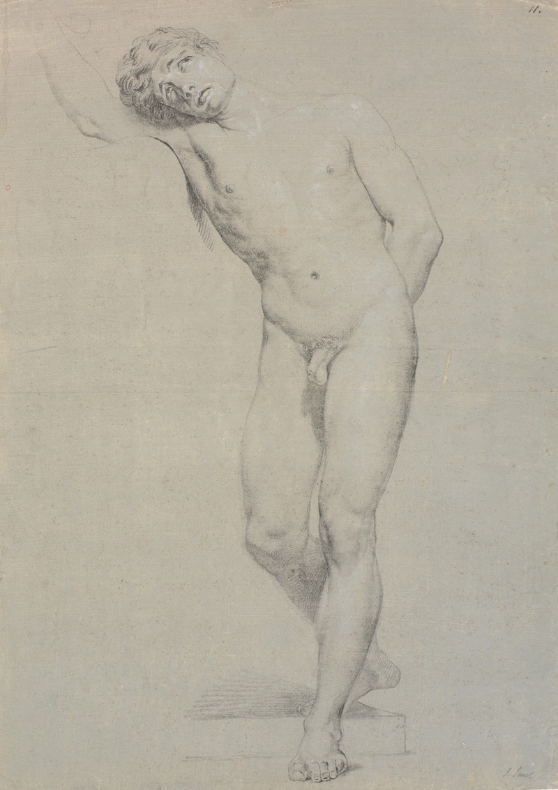 A portrait of a standing model with her head resting on her raised arm.