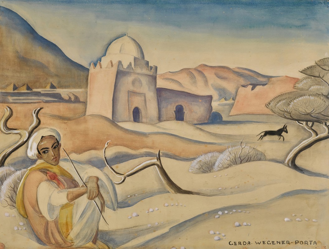 A captivating landscape painting by Gerda Wegener depicting a shepherd in the Atlas Mountains.