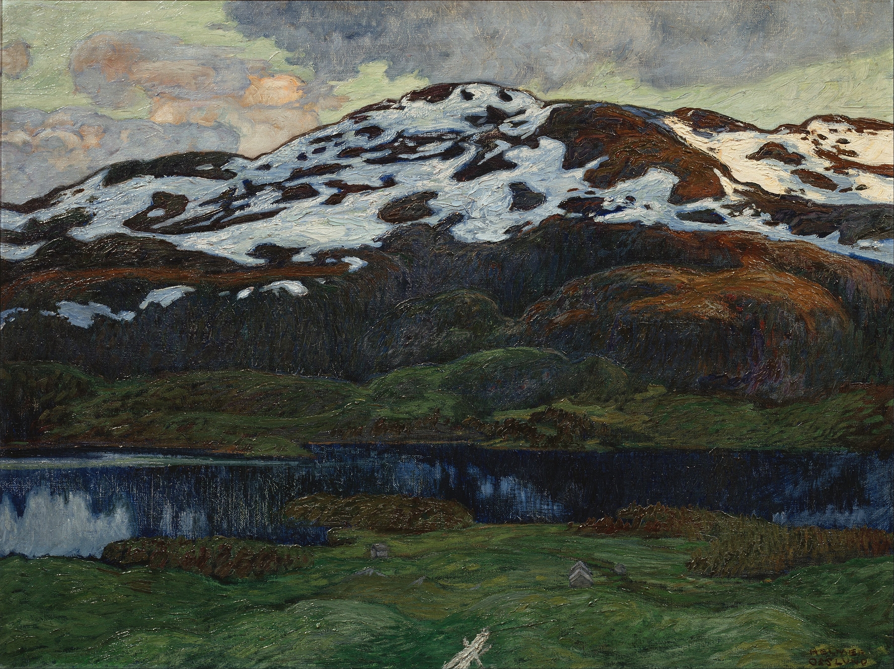 Landscape with tranquil waters and golden light by Helmer Osslund, oil painting