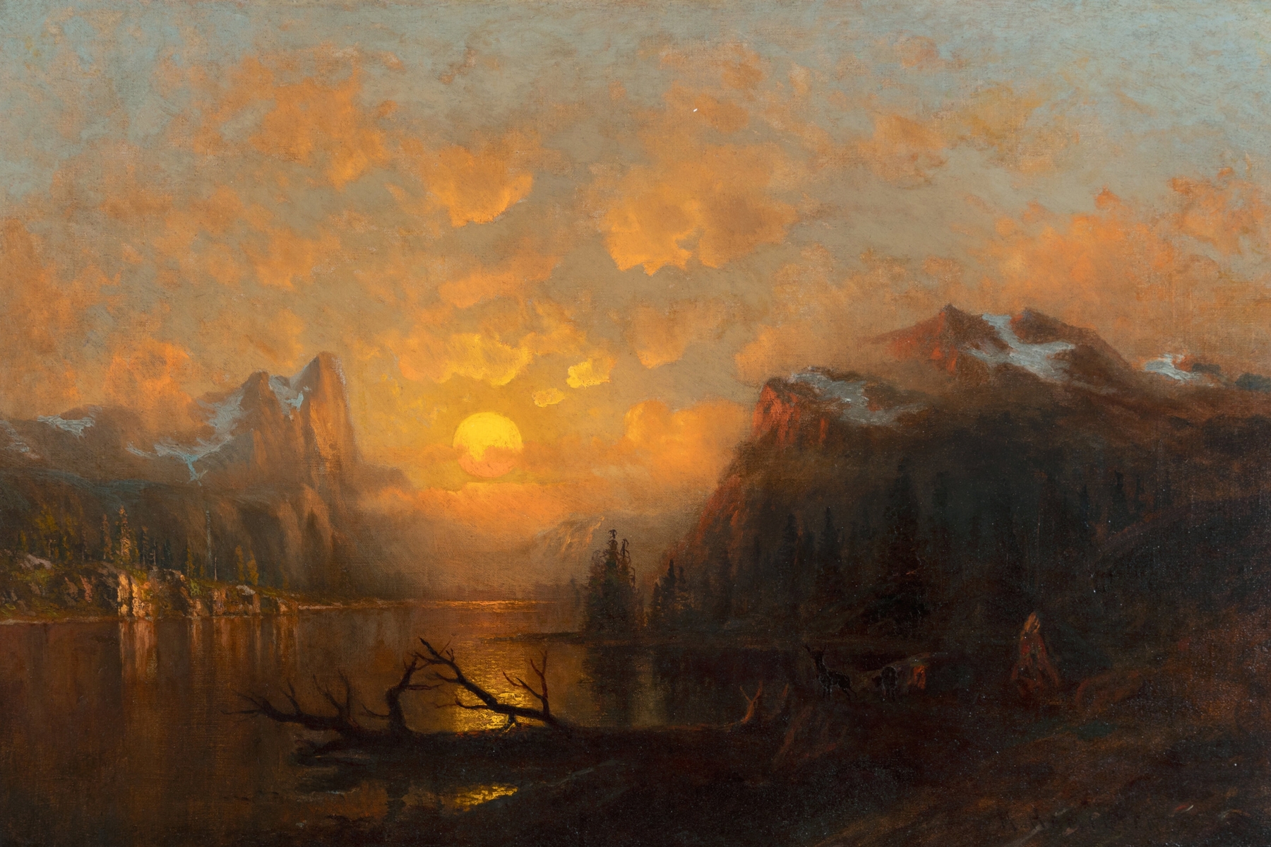 Sunset oil painting by Hamilton Hamilton, featuring vibrant hues of crimson and gold.