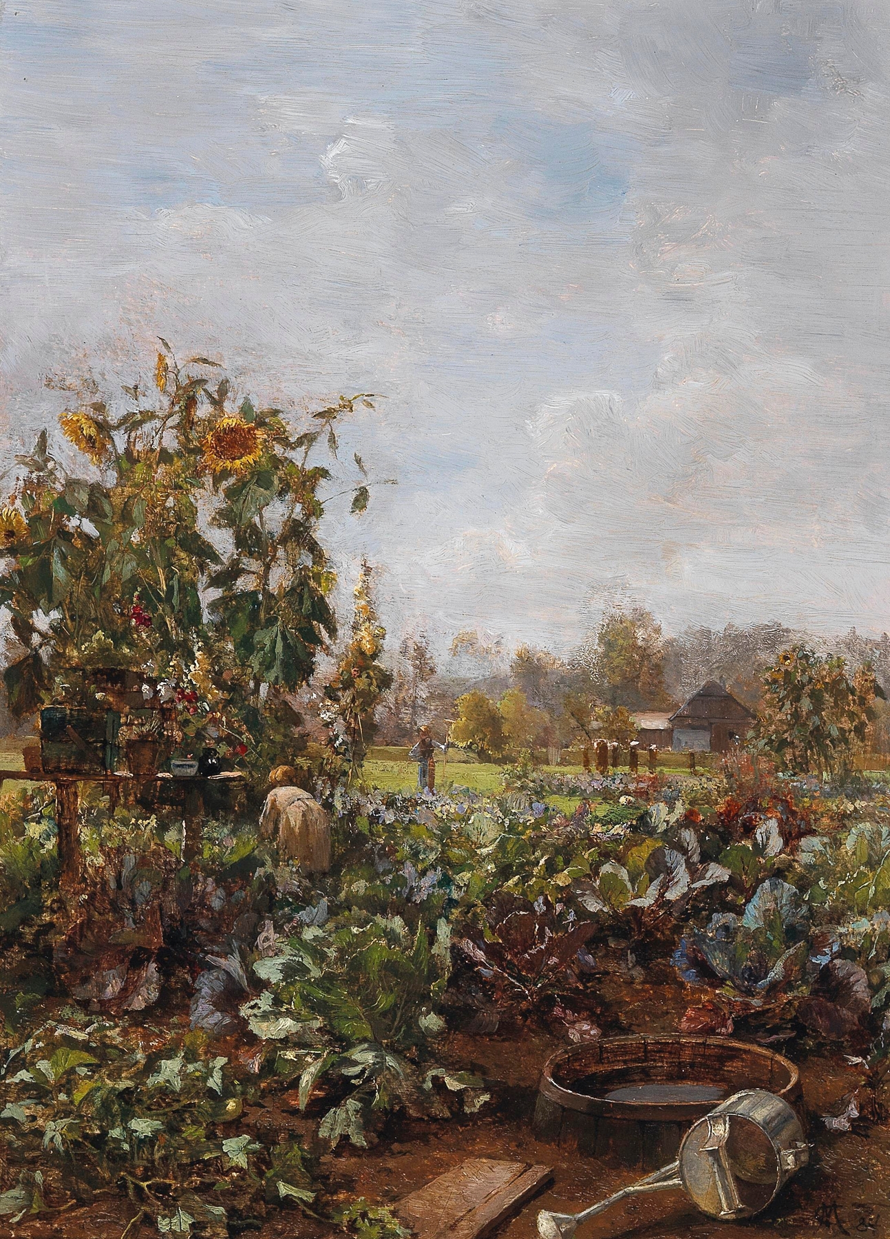 Rustic garden with wildflowers and an old wooden bench, oil on canvas by Carl Moll