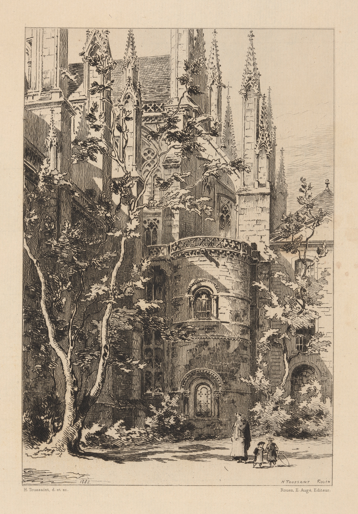 Landscape oil painting by Henri Toussaint featuring a central tower against a blue sky.