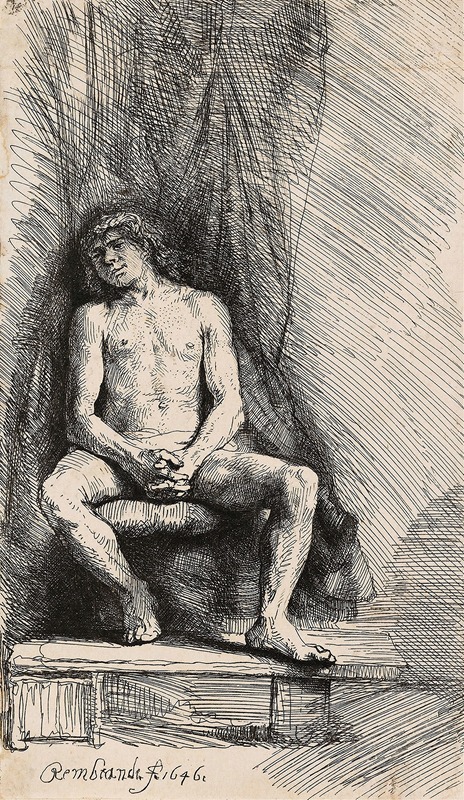 A seated nude man in front of a curtain, painted by Rembrandt.