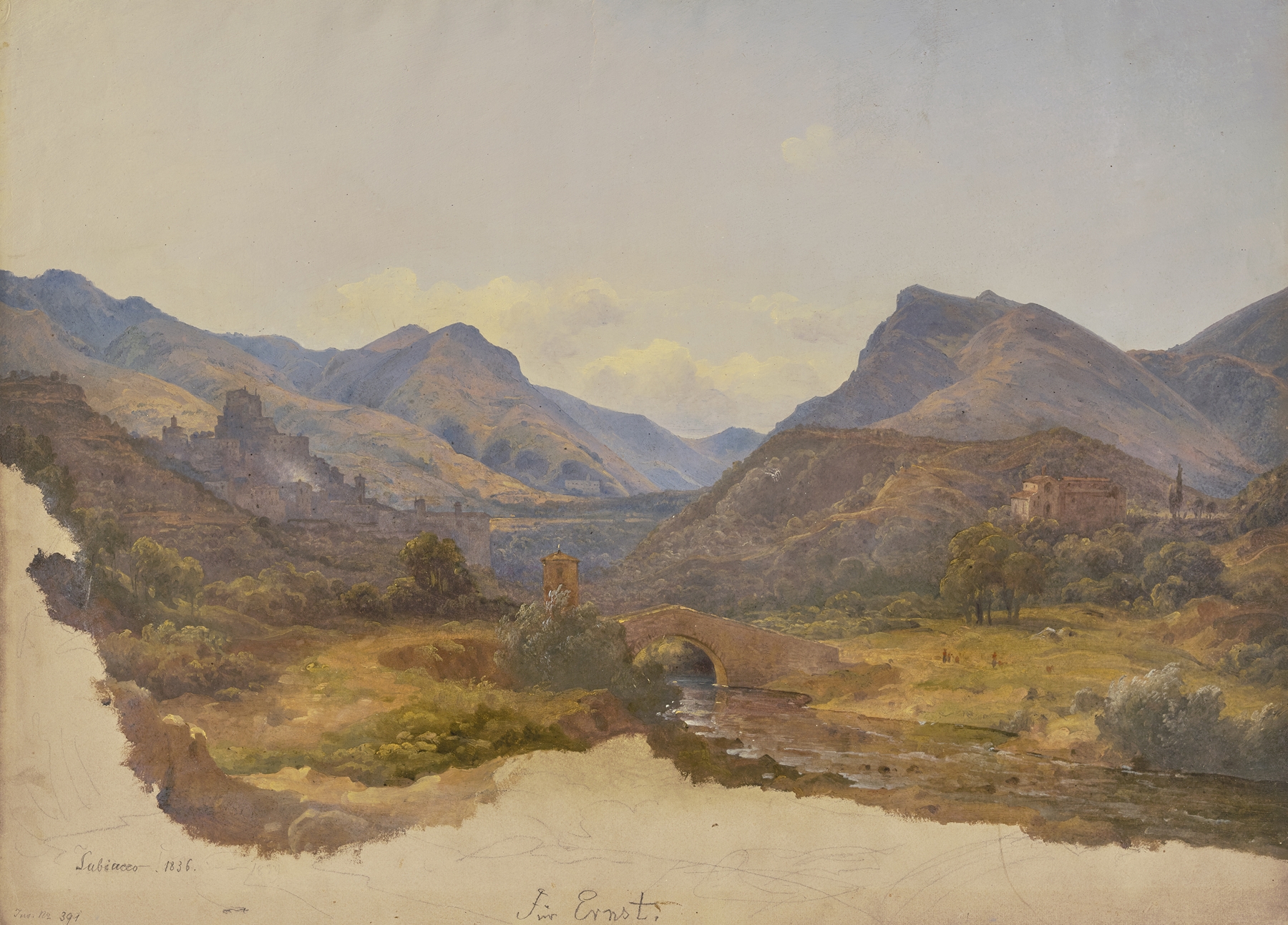 Ansicht von Subiaco, im Vordergrund eine Brücke, by Carl Morgenstern, public domain