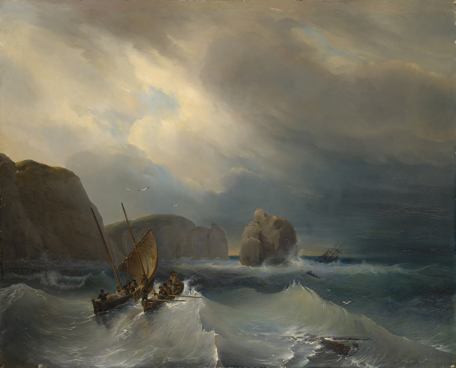 Rough Sea with Ships, oil painting by Théodore Gudin, depicting ships in a stormy sea.