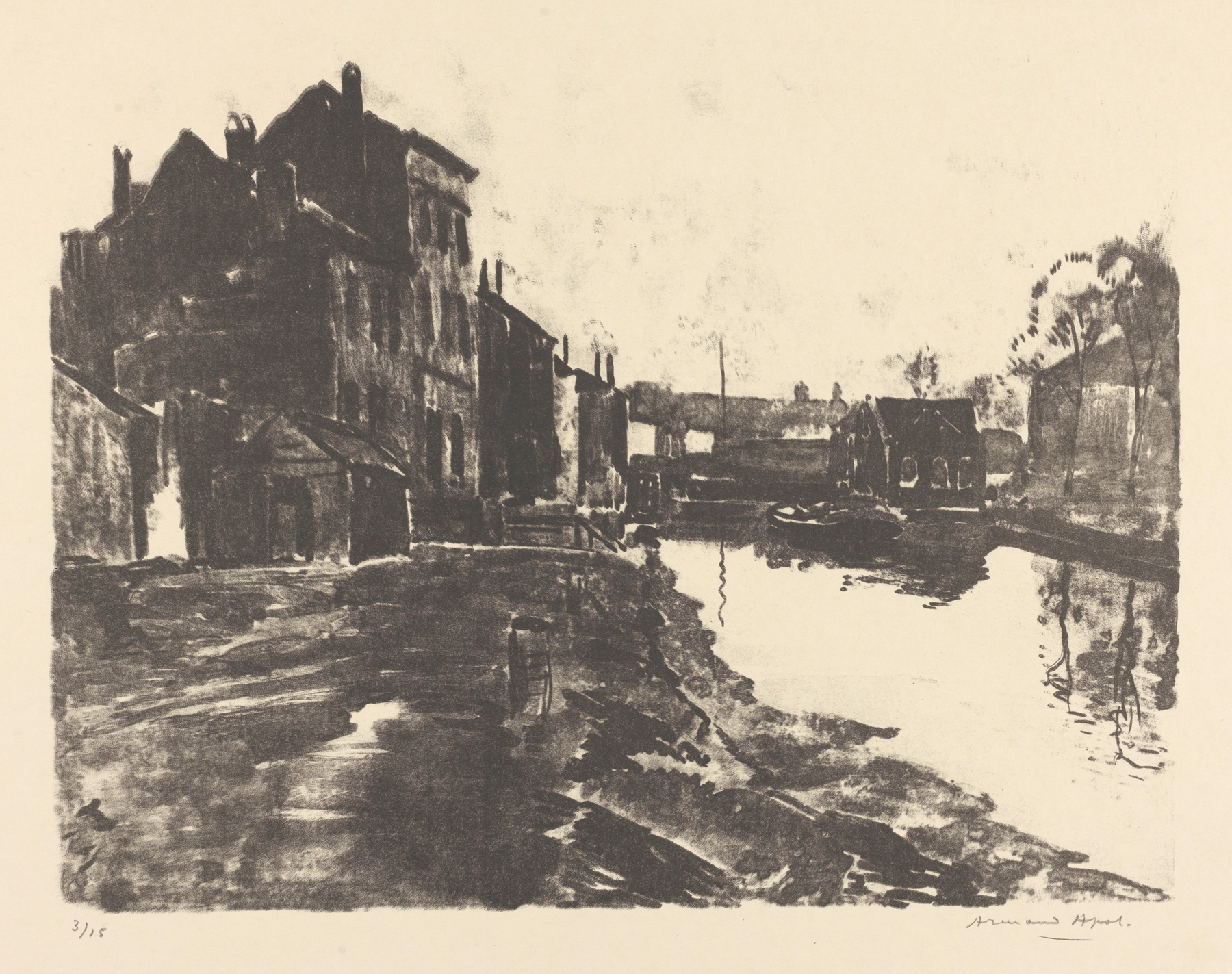Vue de ville avec canal by Armand Apol, oil on canvas depicting a canal with sunset reflections.